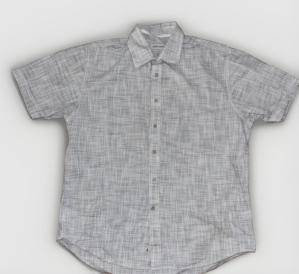 James Campbell Button Up Shirt Mens L Grey Cotton Short Sleeve Collared 23x27